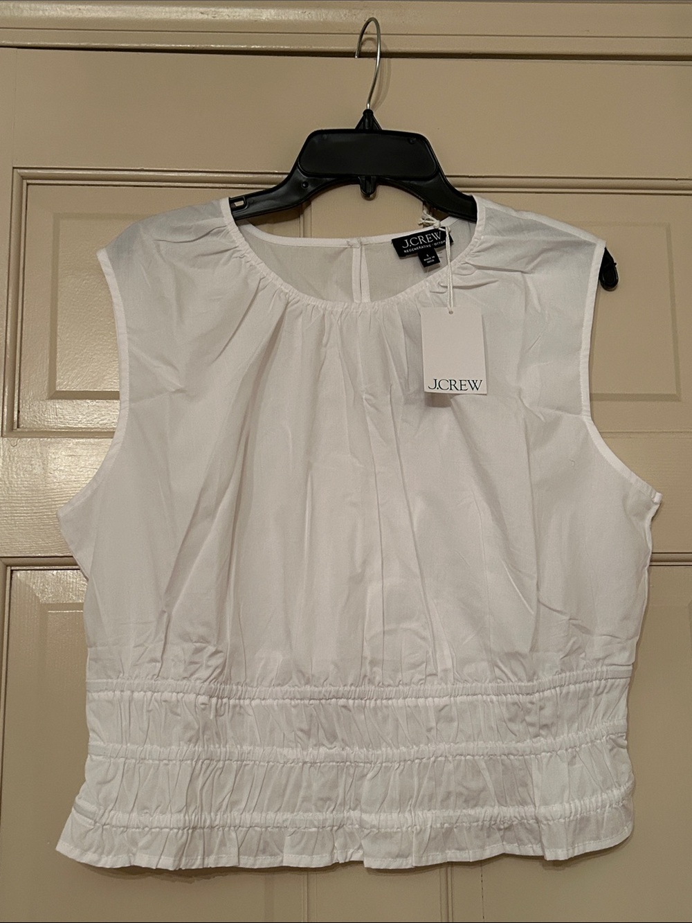 J. Crew White Sleeveless Smocked-Waist Blouse